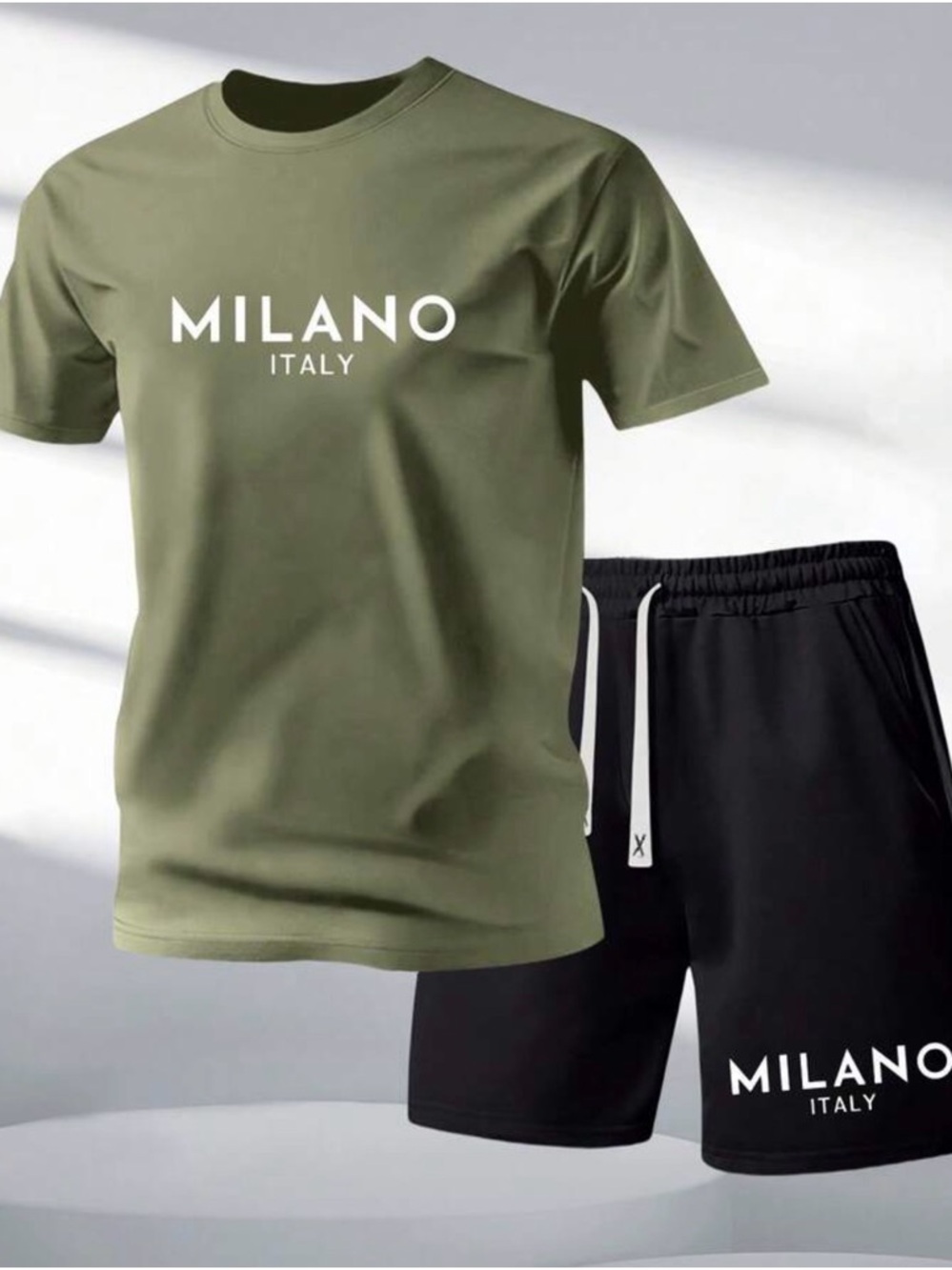Milano Olive Green Crewneck Logo Tee & Milano Black Shorts